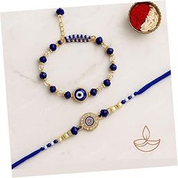 Bhaiya Bhabhi Rakhi Set with Evil Eye Charm, Coaster & Kumkum Chawal | Couple Combo Rakhi Gift with Assorted Color | Raksha Bandhan Special-image-28