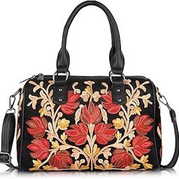 Floral Embroidered Satchel Handbag with Shoulder Strap, Vintage Style-image-56