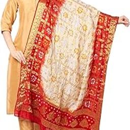 Women's White & Red Gharchola Banarasi Silk Dupatta-image-27
