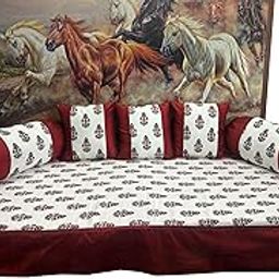 PINK PARROT Artsilk Jaipur Block Print 180 TC 100% Diwan Set Covers 6 Pieces Designer Printed Standard Diwan Set (1 Single Bedsheet, 2 Bolster Covers, 3 Cushion Covers) D-dd7-13