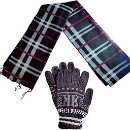 Winter Knit Gloves and Plaid Scarf Set, Navy Blue and Grey Pattern-image-30