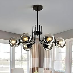 with Bulb 6-Lights Chandelier Hanging Pendant Ceiling Light Lamp Modern Style Black Chandelier with Smokey Glass for- Kitchen, Hall, Lobby, Restaurant, Bar, Living Room, Bedroom, Hotel-image-40
