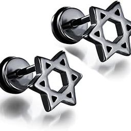 Star of David Stainless Steel Ear Stud Earrings Screw Women Man Gift Black-image-1