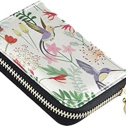 Doodle Hummingbird Flowers RFID Credit Card Wallet, Microfiber Leather Zipper Card Case Holder for Women-image-52