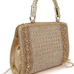 PU Embroided Stylish Fancy Women's Stones Evening Party Clutch Wedding Bag Wallet, Golden-image-47