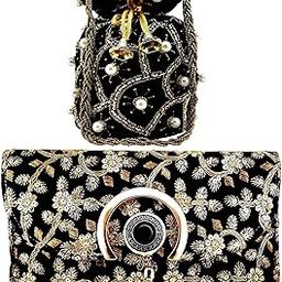 Lookingfab Women's Handicrafts Handmade Rajasthani Style Decorative Silk Velvet Potli with Purse (Black)-27