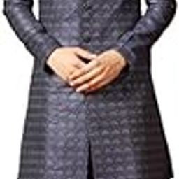 Men's Sherwani Dhoti Set, Indo-Western Navy Blue Jacquard, Woven Design Regular Fit Mandarin Collar Long Sleeves-image-47