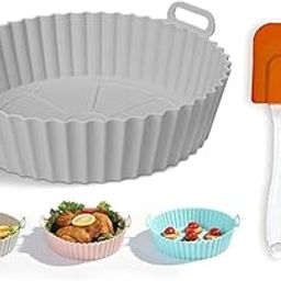 Air Fryer Silicone Liner Set, Round Basket Baking Tray with Handles, Grey, Includes Oil Brush and Spatula-image-36