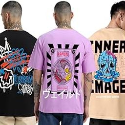 100% Pure Cotton Oversized Losse Fit Half Sleeve Printed Round Neck Multicolor T-Shirt for Men (Pack of 3) (Available in Sizes: S to 2XL)-20