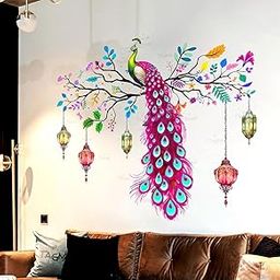Colourful Peacock with Hanging Lanterns Design Wall Sticker 67 cm x 56 cm-29