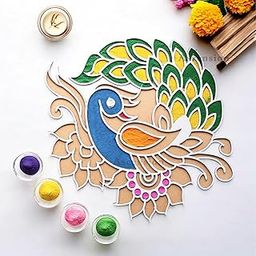 Ascension Portable Peacock Design Rangoli Stencils (11inches) for Diwali Décor Home Decoration Reusable Templates for Floor Table Just Fill with Rangoli Atta Rangoli Mats for Decoration-image-15