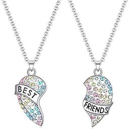 Girls 2 Pcs Best Friends Rainbow Stones Heart Matching Pendant Necklaces For Besties/BFF/Soul Sisters-image-109
