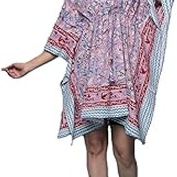 Semi Sheer Transparent Pure Cotton Women Stylish Hand Block Print Short Kaftan | Night Wear | Loungewear | Night Dress | Casual Wear | Home Wear 01-picture-5