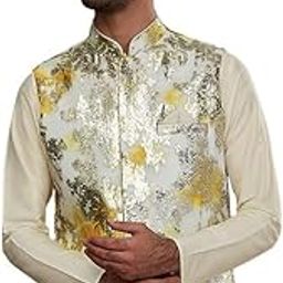 Men's Jacket, Off White Jacquard, Woven Design Regular Fit Mandarin Collar Sleeveless-image-25
