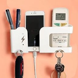 ZUBAT Wall Mobile Holder, Multi-Purpose Phone Charging Stand, Space Saving Remote, Keychain Holder & Pen-Pencil Organiser for Wall Mount, Portable Smart Gadget Mobile Accessories -White, Pack-1-image-11