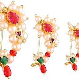 Gold Plated Cream Pearls Design Maharashtrian Marathi Nath Nose Ring Without Piercing Clip on Nose Pin Combo Set For Women-image-40