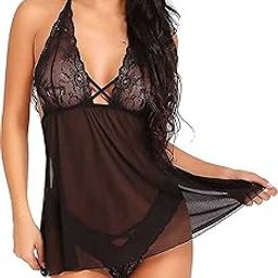 Sheer Cross Halter Neck Baby Doll Sexy Nightwear Dress with Matching Lace Thong, Comfortable Lingeirie Set for Honeymoon-image-33