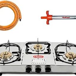 Khaitan Combo - 1 Unit 3 Burner Double Decker Pro Manual Lpg Stainless Steel Gas Stove + 1 Unit Hindflame Kitchen Lighter + 1 Unit Hindflame Lpg Hose Pipe (1.5 Mtr)-picture-1
