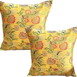Pilovilo Brocade 12"x12" Silk Yellow Cushion Covers Set of 2 in Multicoloured Floral Design Festive with Silk Back (Yellow Oriental, Set of 2, 12"x12" Size)-1