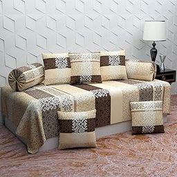 TYLORSTYLE® Soft Glace Cotton Designer Printed Diwan Set, 1 Single Bedsheet, 2 Bolster Covers, 5 Cushion Covers (Dark Blue, Standard) - 8 Piece (Yellow) (Cream)-4