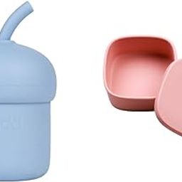 tudd Mini Sip | Spill-Proof Silicone Straw Cup for Kids | Blue with Silicone Travel Bowl - Baby Feeding Product | Pink-image-79