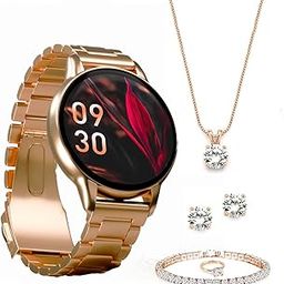Vibez Glitz Luxury Smart Watch for Women & Gift Box- Stainless Metal Straps,1.39" Display, BT Calling Smartwatch & Jewellery Set for Women, Gifts for Women (Earrings, Necklace, Bracelet, Ring), Gold-11