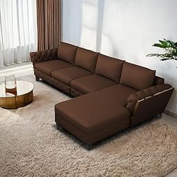 BRAXTON Dennis 6 Seater RHS L Shaped Sofa Set for Living Room (Brown Fabric) Premium Fabric Sofa Set-image-109