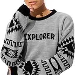 Peanuts: Explorer Women and Girls Long Sleeves Round Neck Grey All Over Printed Acrylic Oversized Sweaters-image-38