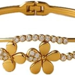 Crystal-Studded Gold-Plated Floral Bangle Bracelet, Traditional Design, Double Flower Pattern-image-12