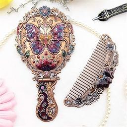 Vintage Butterfly Hand Mirror and Comb Set, Antique Copper with Gemstones, Victorian Style-37