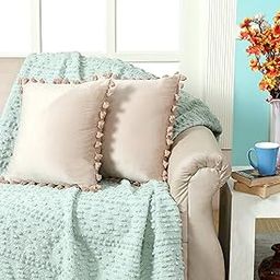 Amazon Brand - Umi Beige 16x16 Inch 2 Pc Decorative Velvet Tassel Fringe Design Throw Pillow Cover 40x40 cm Cushion Cover for Sofa, Living Room, Bed Room or Home Décor-17