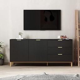 RUSTIC ROOTS White Dresser for Bedroom with 10 Drawers, Modern Large Dresser with Gold Handles, Wood Vintage Chest of Storage Drawers for Hallway, Kitchen Dining Room, Living Room. (Black)-image-28