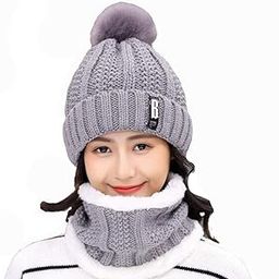 Twist Color Winter Very Soft Warm 1 Set Snow Proof Knitted Ball Cap (Inside Fur) Woolen Beanie Cap + Neck Muffler Scarf Set for Ladies Women Girl (Ball Grey)-image-96