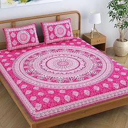 Colorish Cotton Blend Mandala Printed Jaipuri Batik Bedsheet for Double Bed King Size with 2 Pillow Covers, Pink-image-112
