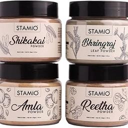 STAMIO Hair Care 4 Products Combo 200 gm - Amla Reetha Shikakai Bhringraj Powder for Pack, Wash, Mask, Shampoo, Dandruff, Cleanser | Natural Seedless Powders Kit | In Jar 50gm X 4-image-34