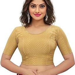 Round Neck Dobby Fabric Stretchable Elbow Sleeve Readymade Saree Blouse for Women Plain Solid Design for Every Saree-image-49