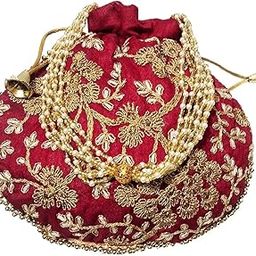 Women Potli Bag Maroon Ethnic Wristlet Pouches Bag Golden Embroidery 8 Inches Matka Shape Drawstring Shagun Return Gifting-image-27