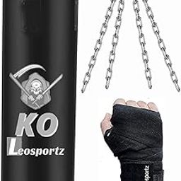 Leosportz Punching Bag Set with Boxing Wraps - Heavy Punching Bags for Boxing, Judo, Kickboxing | Boxing Bag Made of PU for Men (Black PU Unfilled, 4.00)-image-0