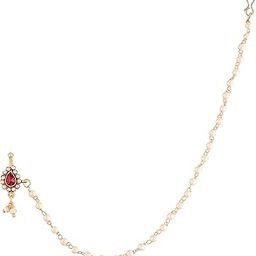 Gold Plated Traditional Ethnic Bridal Nose Ring/Nath without piercing with Pearl Chain Encased with Pearl Stone for Women/Girls (NL35)-2