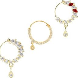 American Diamond Star Cut Nose Ring Set, Gold Plated Alloy, Diamond Design | Gold Plated Brass 3 Pieces of Nose Ring-image-31