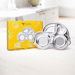 THEONI Stainless Steel Plate for Kids - Car-Shaped Plate for Babies & Toddlers - 4 Section Meal Tray - BPA-Free, Unbreakable Dinner Dish - Ideal for Baby Feeding, Kids Dinner Set, Return Gift-image-2