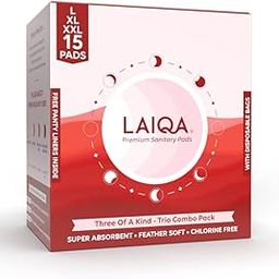 LAIQA Premium Rash Free Sanitary Pads 5L + 5XL + 5XXL Trio with 15 Disposable Bags Plus 3 Free Panty Liners | Made with Natural Fibers | Leak Proof Pads With 4 Wings | No Chlorine No Fragrance | Pack of 1-image-84