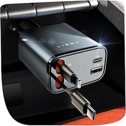 LISEN Retractable Car Charger 4 in 1 [69W USB C Car ChargerAdapter] for iPhone 16 Car Charger Fast Charging, Gifts for Women Men, Car Accessories USBC Car Charger for iPhone 16 15 14 13 12, Gray-14