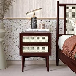 Modern Cane Nightstand with 2 Drawers, Mahogany Brown Wood, Woven Rattan Front 54 H × 45 W × 38 D (cm)-image-56