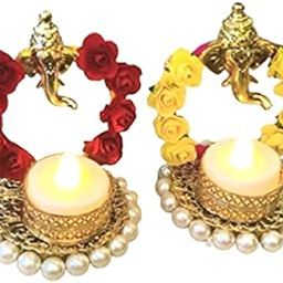 Elegance Assorted Ganpati Design Metallic Diya T Lights/Tea Light Candle Holder for Home Office Decoration Puja Articles Decor Gifts TeaLight (2 Pcs)-4