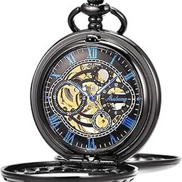 Skeleton Pocket Watch Engraved Dial Retro Mechanical Watch for Men Gold Movement with Double Chain + Gift Box-image-82
