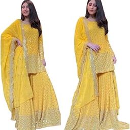 Women's Georgette Garara Suit Set | Heavy Sequin, Zari & Mirror Embroidery with Fancy Dupatta & Latkans |Garara Set-image-33
