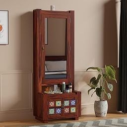 Rajasthali Furniture Sheesham Wood Boho Dresing Table, Organizer Makeup Vanity with Mirror, Dressing with Storage Shelves for Bedroom Home Furniture, 72" H x 28" W x 18" D inches (Oak)-image-81