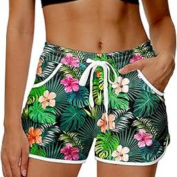 Women Summer Board Shorts Hawaiian Tropical Print Beach Swim Shorts with Pockets, Floral Palm, X-Large-image-7