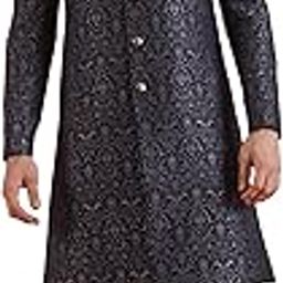 Men Navy Blue Jacquard Ethnic Motifs Indowestern Sherwani Trouser Set-image-95